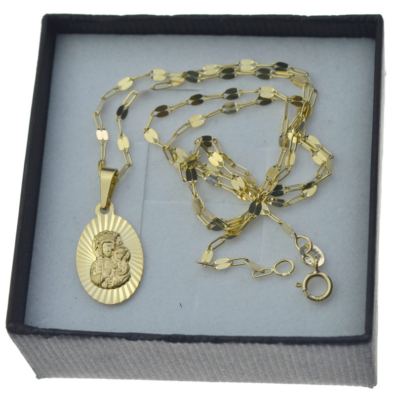 Złoty komplet łańcuszek mocca + medalik owalny matka boża częstochowska 585 kmp095