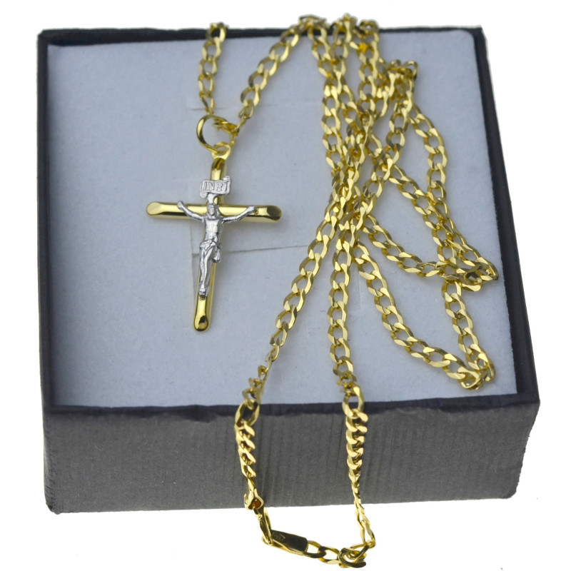 Złoty komplet łańcuszek + krzyżyk z Jezusem INRI kmp103
